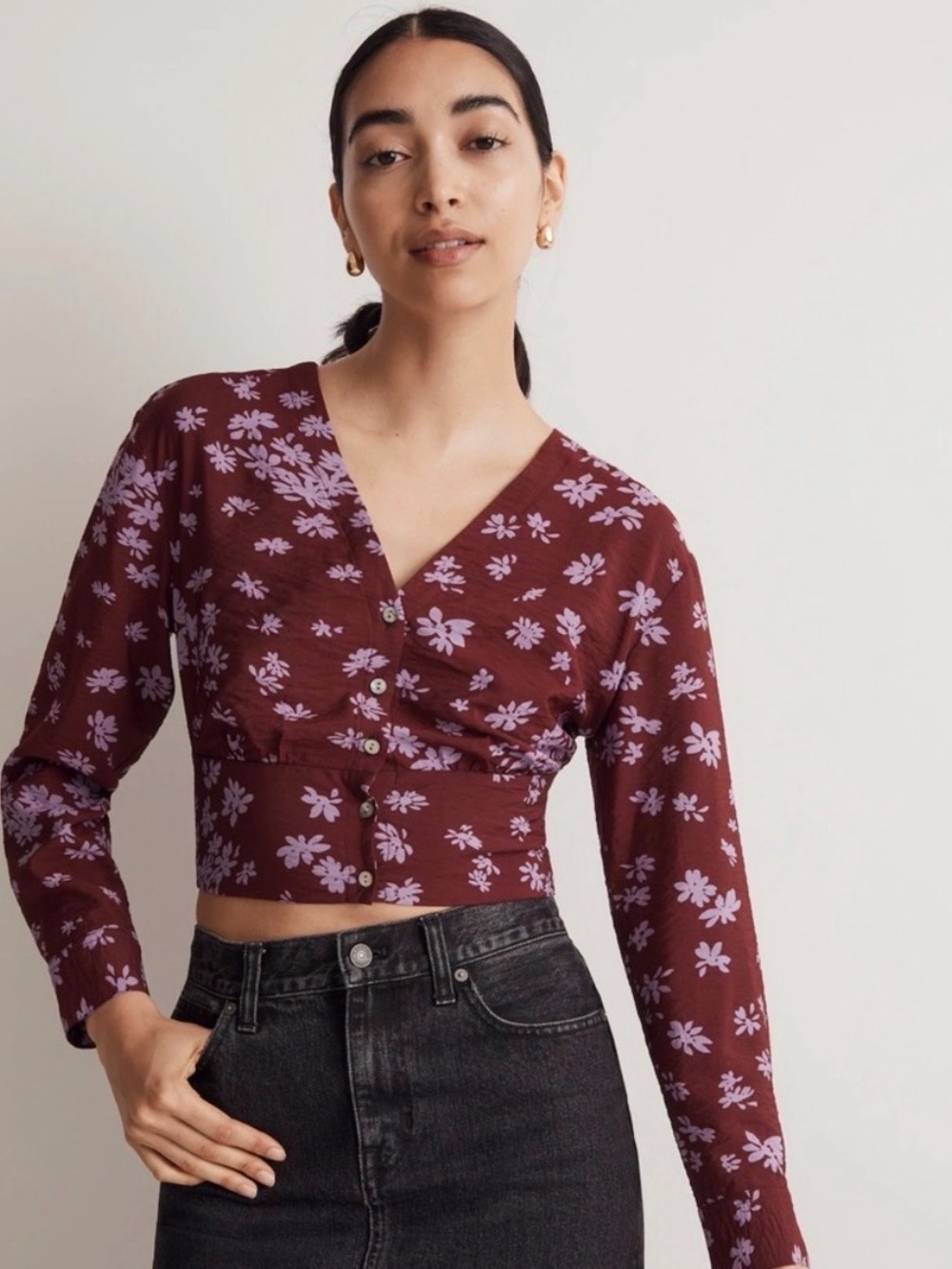 Madewell Burgundy Crop Top with Lilac Floral Print